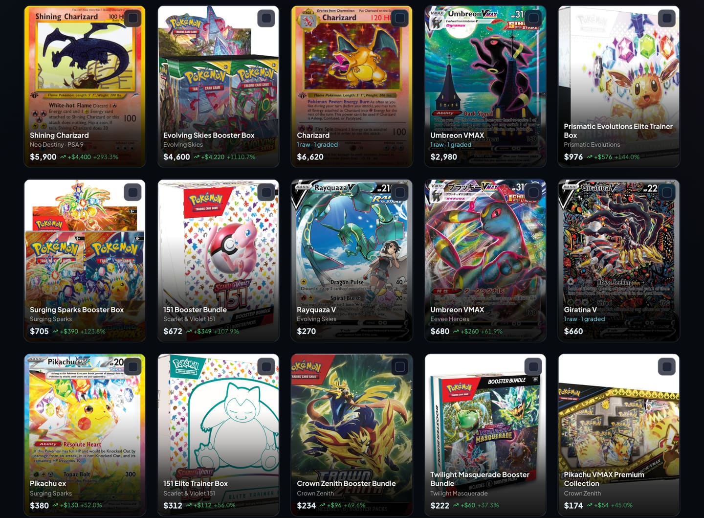 A sample CollectViz gallery with colorful Pokémon cards, graded slabs, and sealed boxes, each showing its collection value.