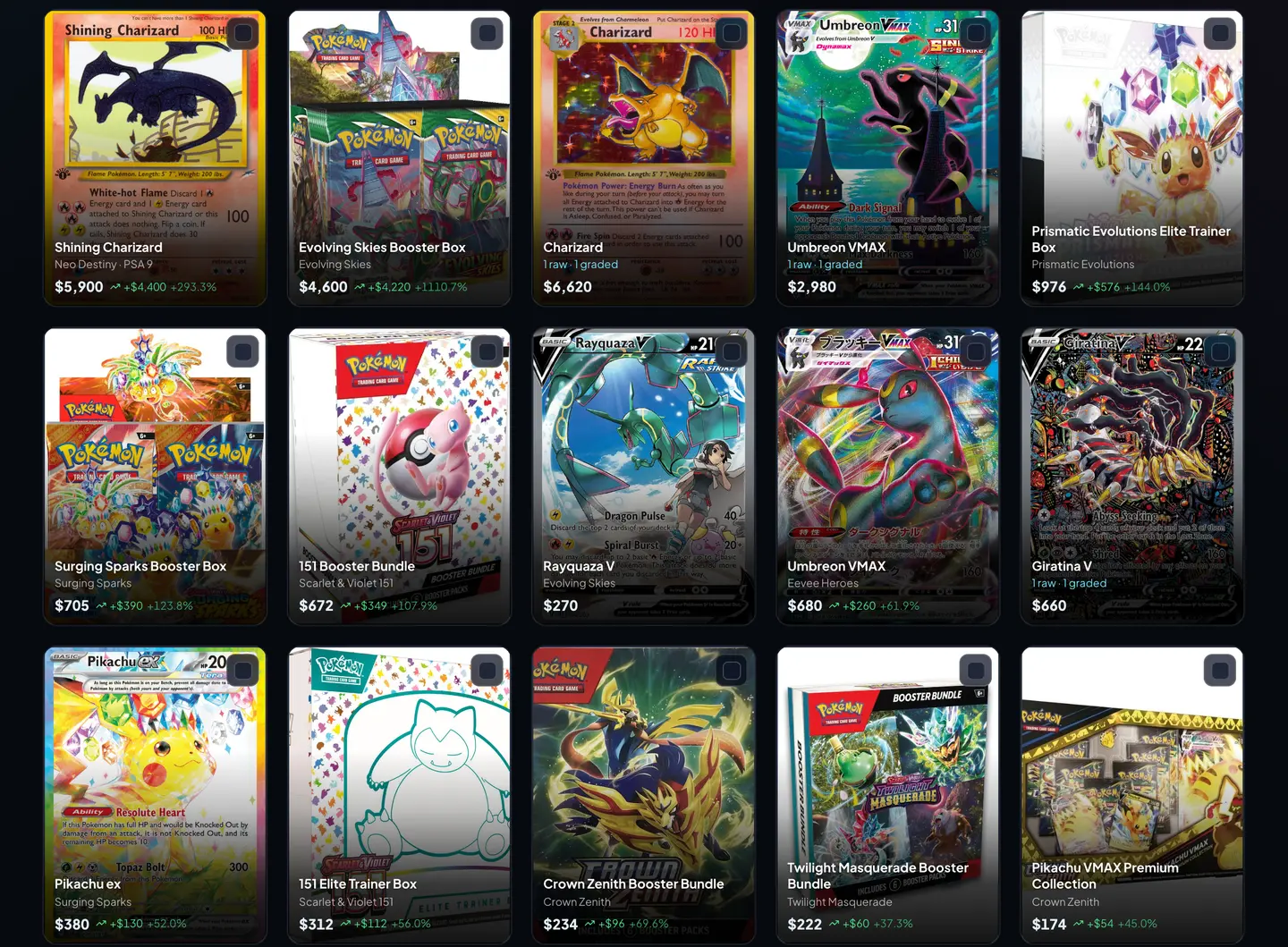 Demo collection gallery showing cards, graded slabs and sealed products